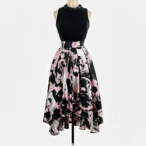 SLNY Black and Pink Floral High-Low Skirt